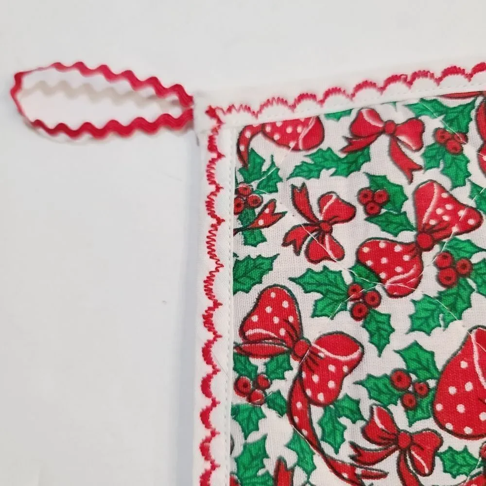 Vintage Red Polka Dot Ribbon Bow Holly Christmas Pot Holder